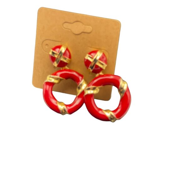 **Vintage Gold Tone And Red Enamel Dangle Earrings - Picture 3 of 6